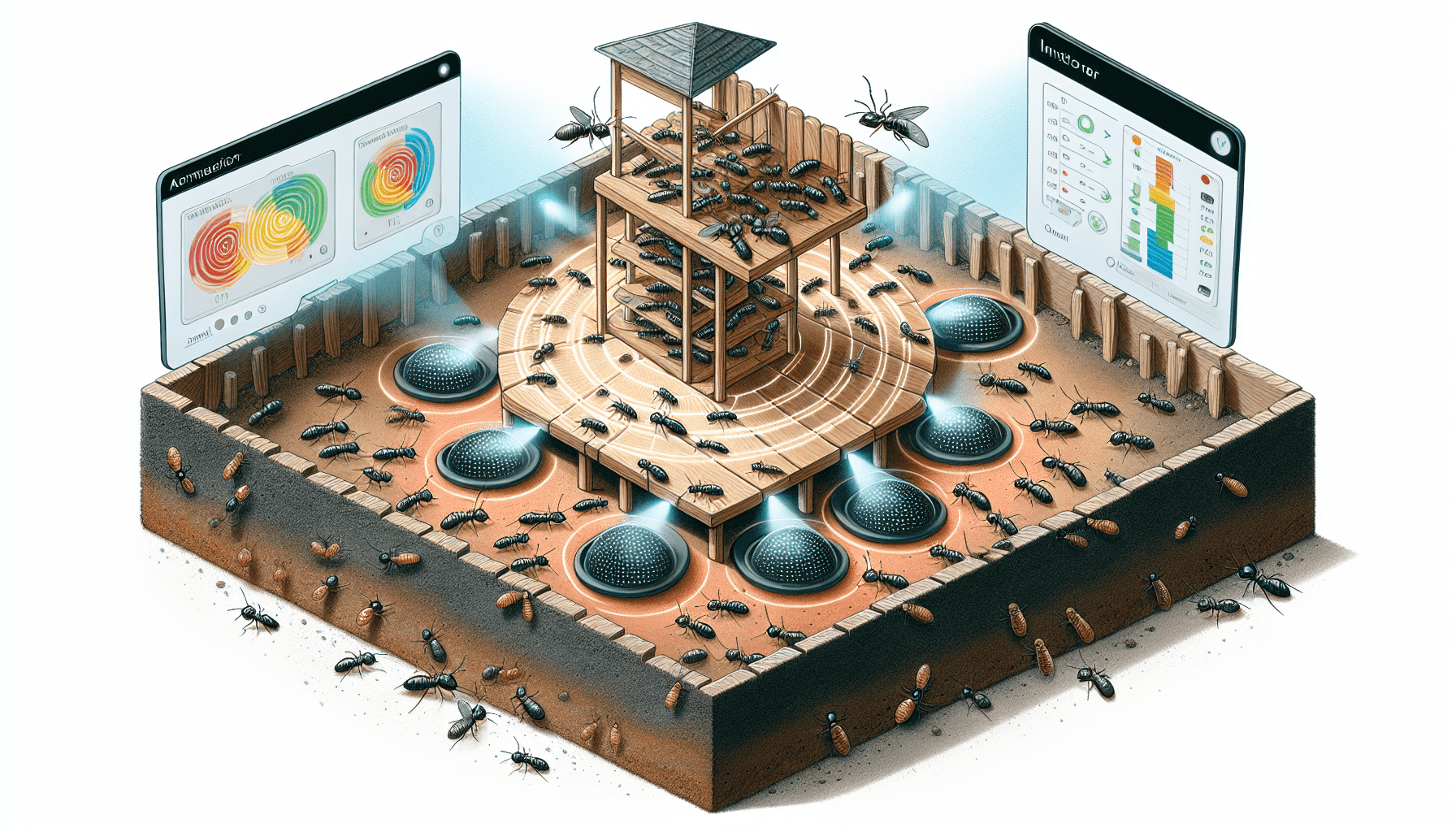 Illustration of bait stations and monitoring systems for termite treatment