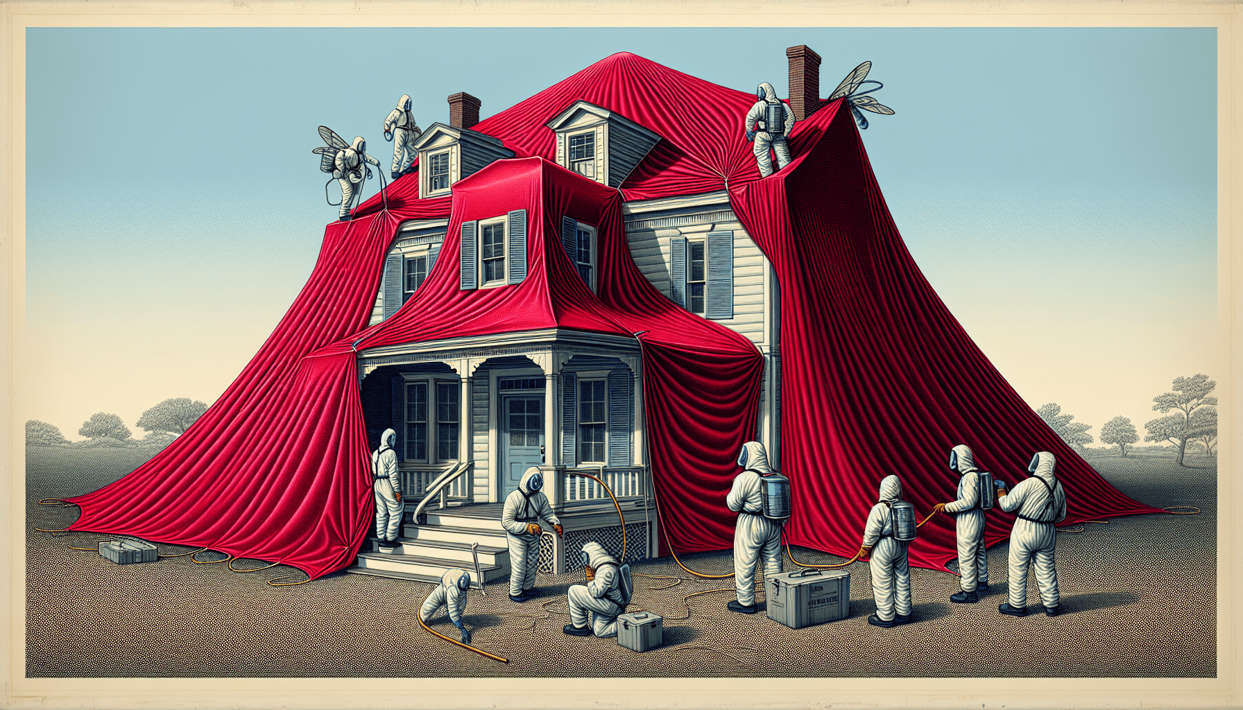 Illustration of a house being sealed with a tent for fumigation