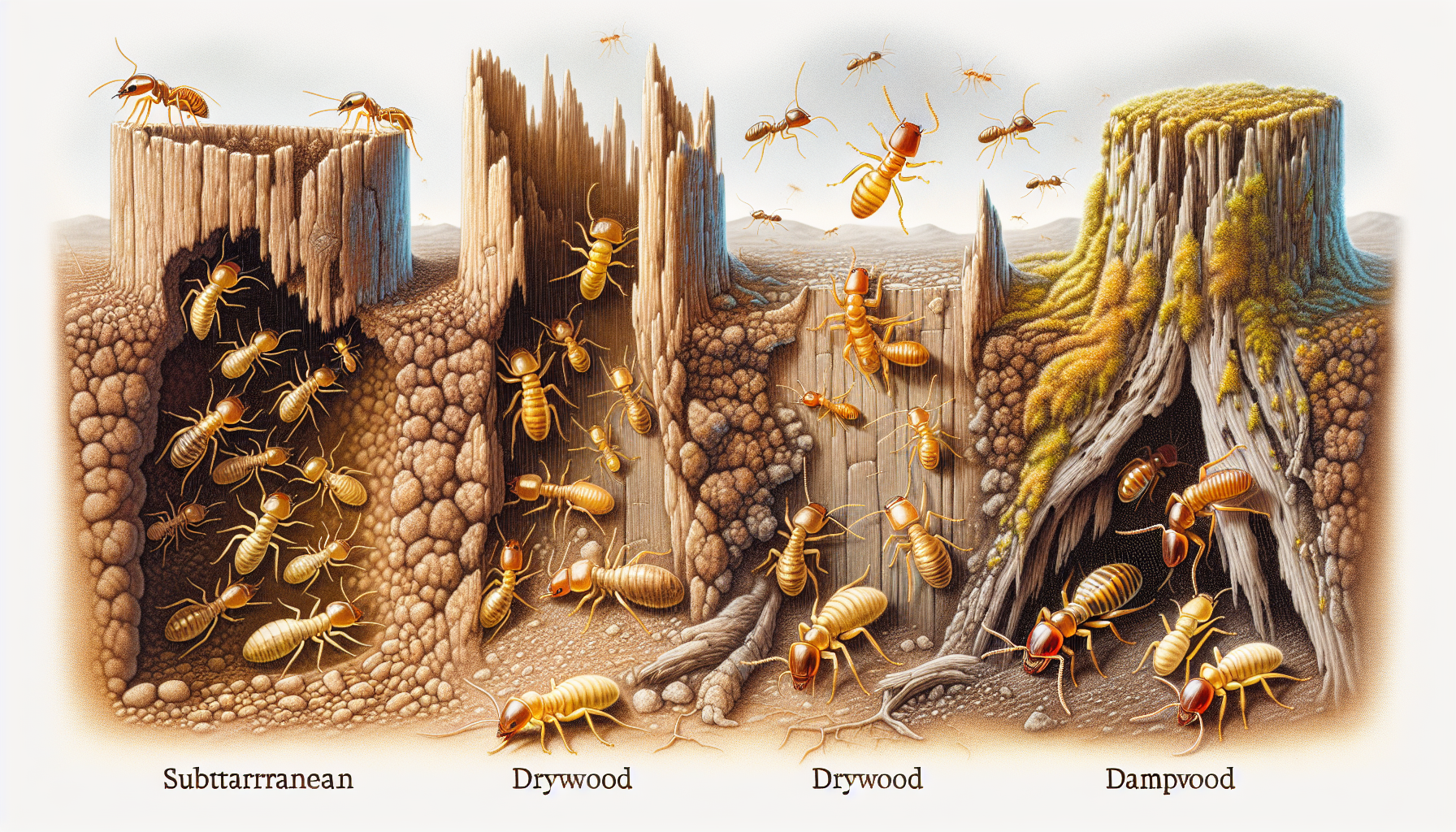 Illustration of different termite species swarming