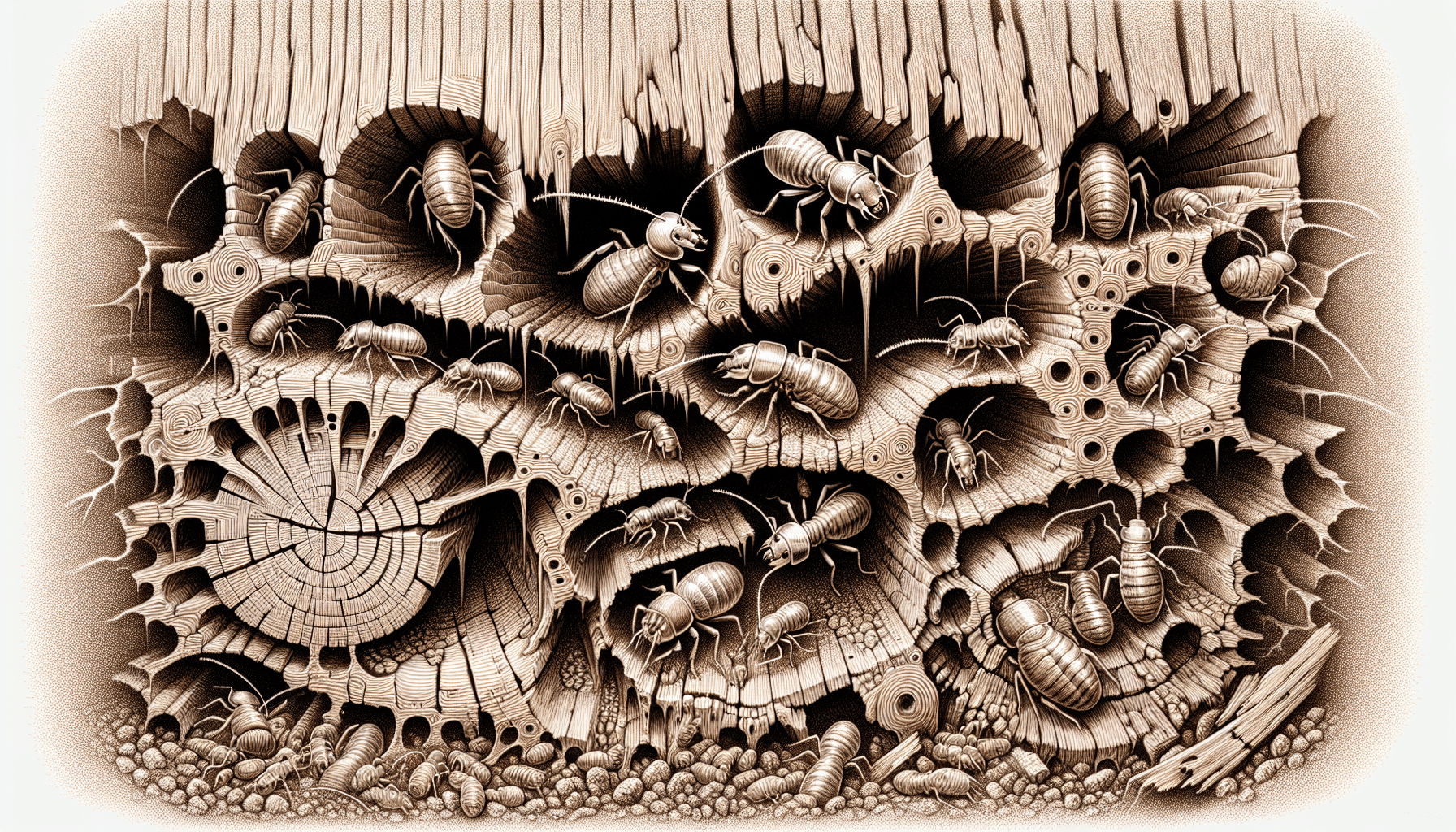 Illustration of a termite colony in wood