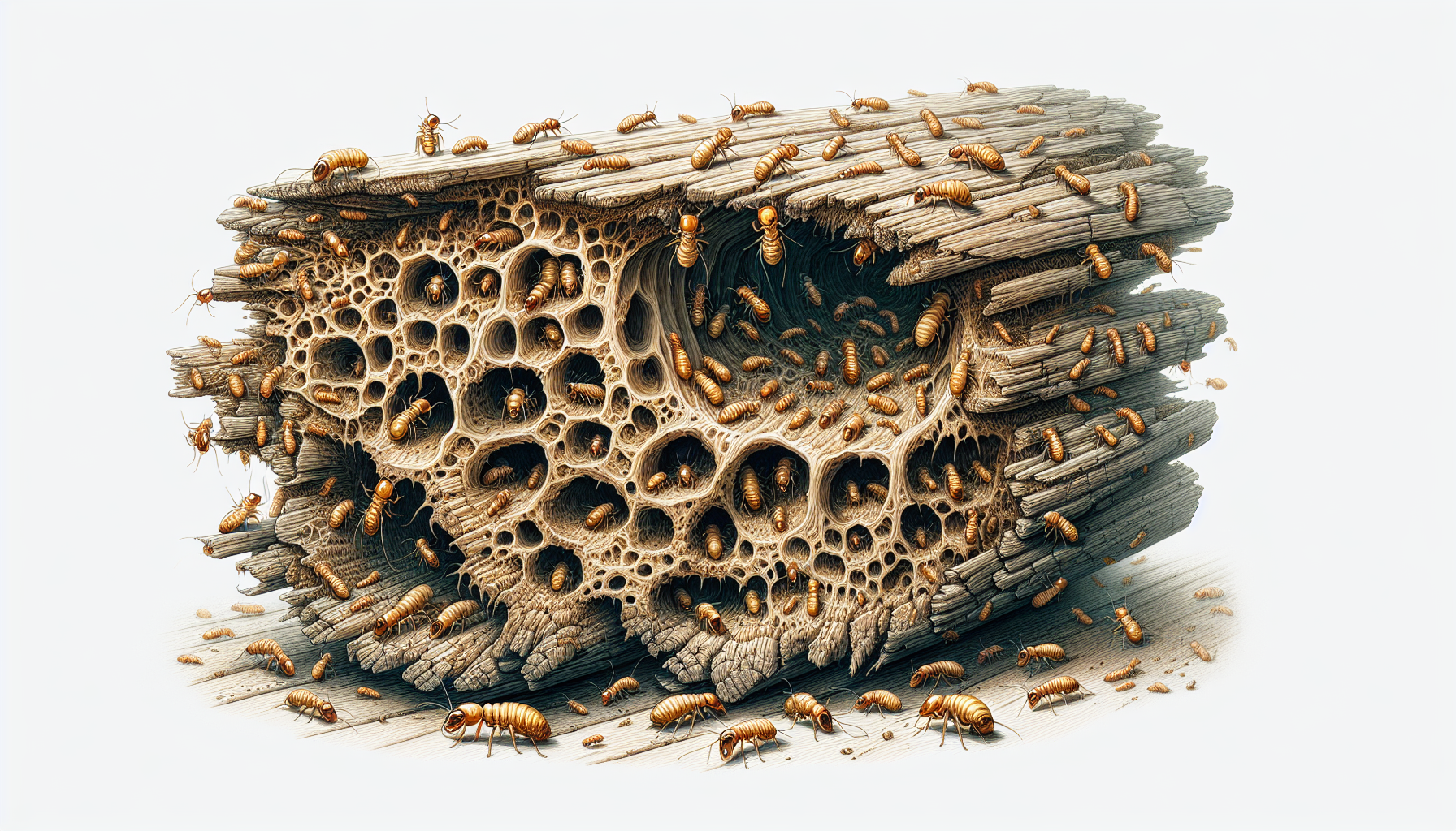 Drywood termites in a colony within exposed wood