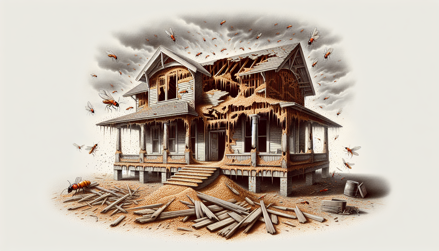 Illustration of termites causing damage to wooden structures